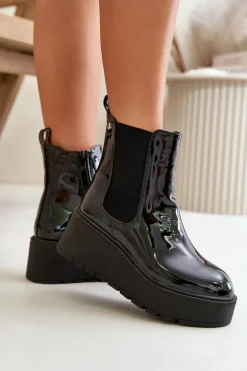Lakierowane Botki Damskie Na Platformie I Koturnie Ocieplane Czarne Wloedia