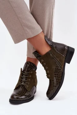 Lakierowane Botki Damskie Z Ozdobnym Tłoczeniem Ocieplane Vinceza 16477 Ciemnozielone