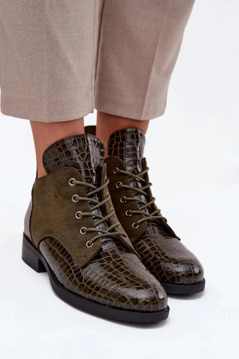 Lakierowane Botki Damskie Z Ozdobnym Tłoczeniem Ocieplane Vinceza 16477 Ciemnozielone