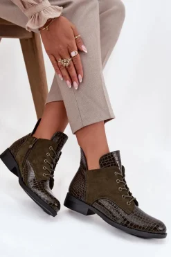 Lakierowane Botki Damskie Z Ozdobnym Tłoczeniem Ocieplane Vinceza 16477 Ciemnozielone