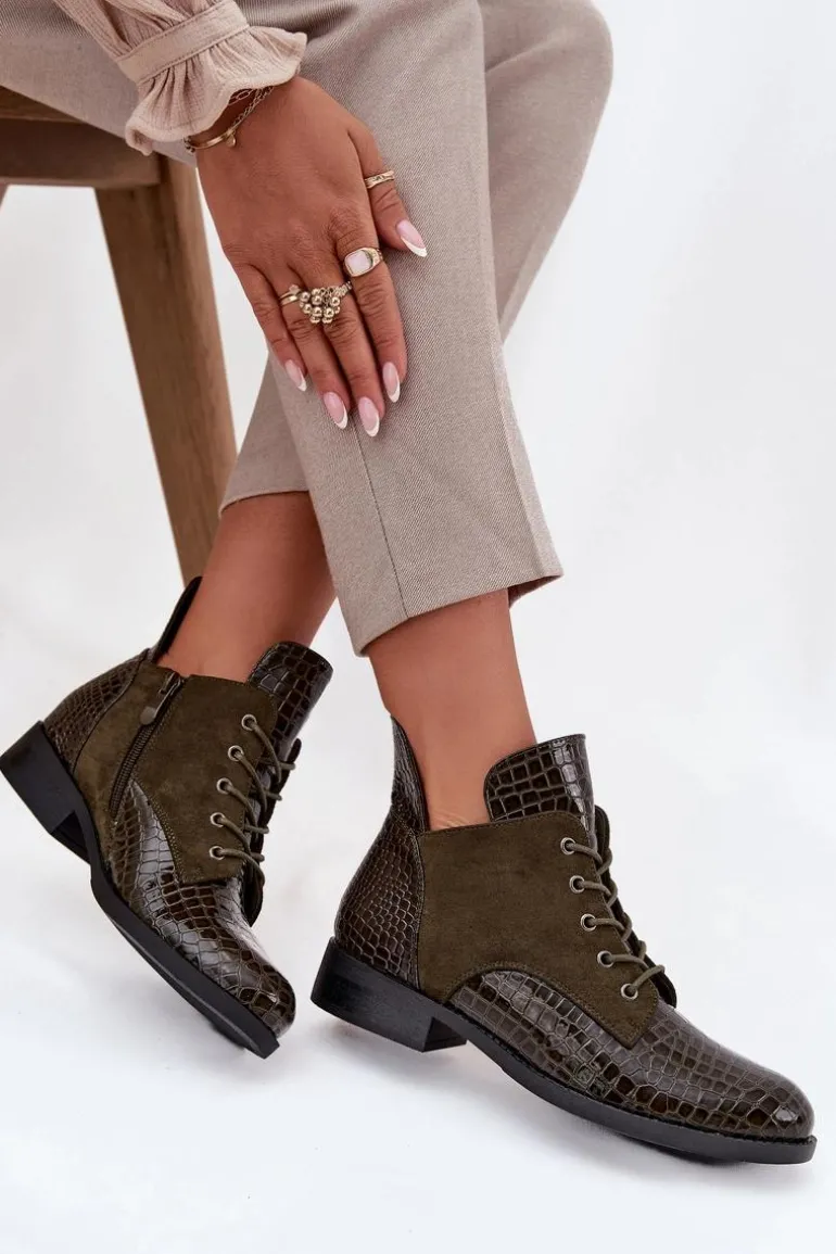 Lakierowane Botki Damskie Z Ozdobnym Tłoczeniem Ocieplane Vinceza 16477 Ciemnozielone