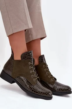 Lakierowane Botki Damskie Z Ozdobnym Tłoczeniem Ocieplane Vinceza 16477 Ciemnozielone