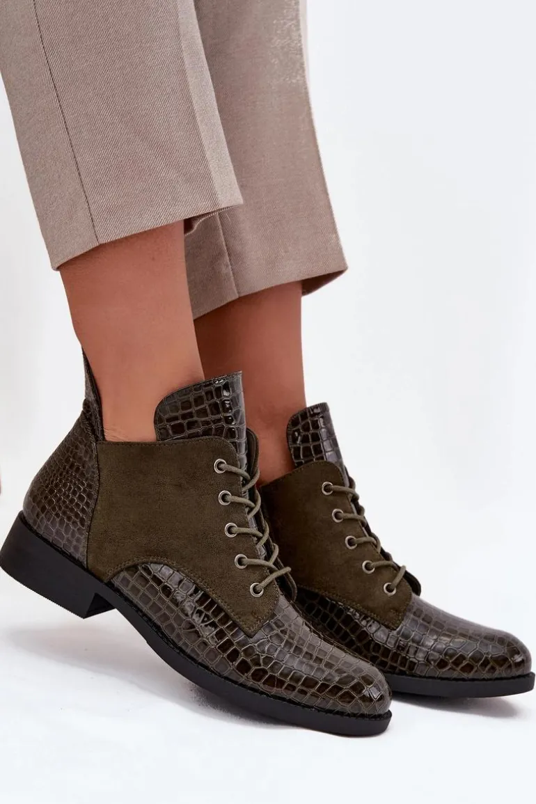 Lakierowane Botki Damskie Z Ozdobnym Tłoczeniem Ocieplane Vinceza 16477 Ciemnozielone