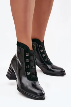 Lakierowane Botki Damskie Z Naturalnej Skóry Na Słupku D&ACR52-696 Ciemnozielone