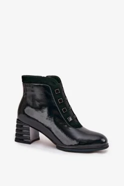 Lakierowane Botki Damskie Z Naturalnej Skóry Na Słupku D&ACR52-696 Ciemnozielone