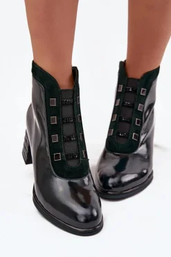 Lakierowane Botki Damskie Z Naturalnej Skóry Na Słupku D&ACR52-696 Ciemnozielone