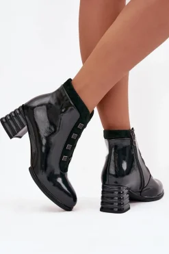 Lakierowane Botki Damskie Z Naturalnej Skóry Na Słupku D&ACR52-696 Ciemnozielone