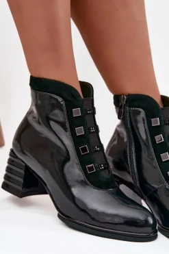 Lakierowane Botki Damskie Z Naturalnej Skóry Na Słupku D&ACR52-696 Ciemnozielone
