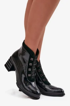 Lakierowane Botki Damskie Z Naturalnej Skóry Na Słupku D&ACR52-696 Ciemnozielone