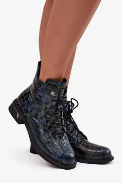 Lakierowane Botki Damskie Z Naturalnej Skóry D&A LZ52-962 Granatowe