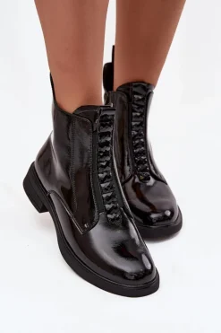 Lakierowane Botki Damskie Z Naturalnej Skóry D&A MR52-108 Czarne