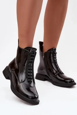 Lakierowane Botki Damskie Z Naturalnej Skóry D&A MR52-108 Czarne