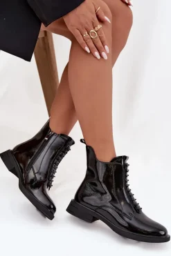 Lakierowane Botki Damskie Z Naturalnej Skóry D&A MR52-108 Czarne