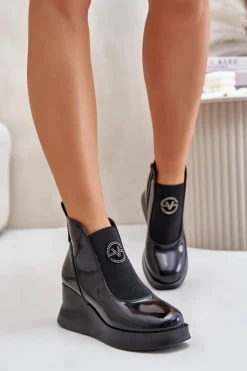 Lakierowane Botki Na Koturnie Ocieplane Vinceza 66703 Czarne