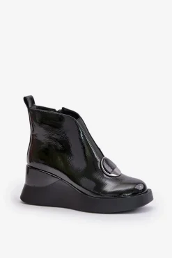 Lakierowane Botki Na Koturnie Ocieplane D&A MR880-136 Czarne