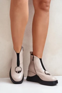 Lakierowane Botki Na Koturnie Ocieplane D&A MR880-136 Beżowe