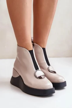 Lakierowane Botki Na Koturnie Ocieplane D&A MR880-136 Beżowe