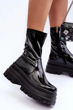 Lakierowane Botki Na Masywnej Platformie Czarne Kylira