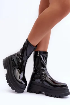 Lakierowane Botki Na Masywnej Platformie Czarne Kylira