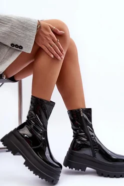Lakierowane Botki Na Masywnej Platformie Czarne Mibrac