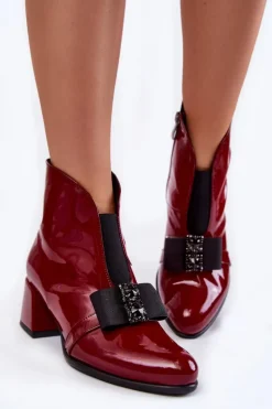 Lakierowane Botki Na Obcasie Z Ozdobną Kokardą Bordowe Hallie