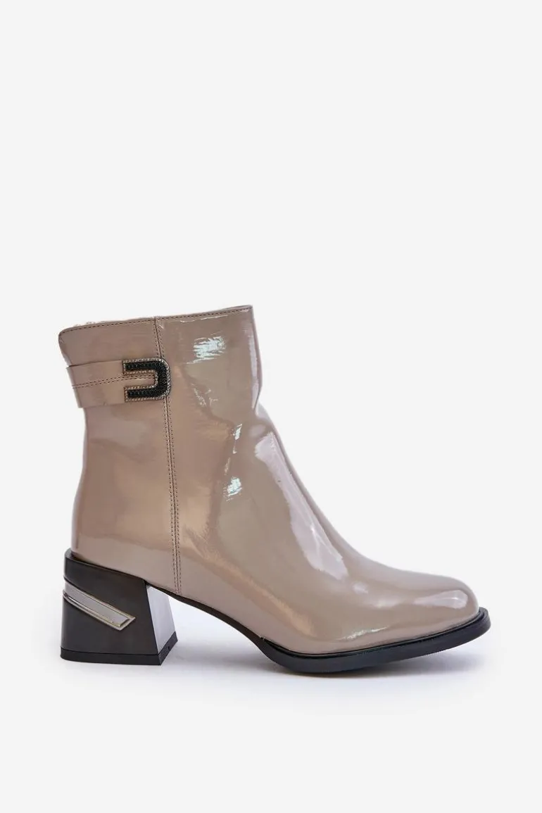 Lakierowane Botki Na Obcasie Ocieplane MR880-093 Szare