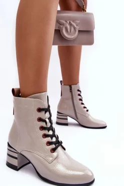 Lakierowane Botki Na Obcasie S.Barski MR870-49 Jasnoszare