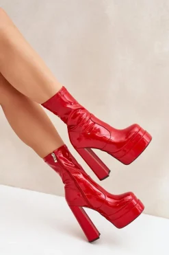 Lakierowane Botki Na Platformie I Wysokim Słupku Czerwone Lotisha