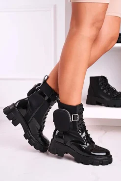 Lakierowane Botki Na Platformie Z Nerką Czarne Army