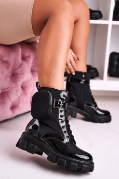 Lakierowane Botki Na Platformie Z Nerką Czarne Army