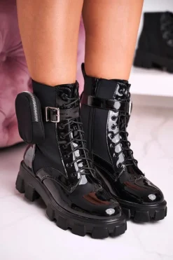 Lakierowane Botki Na Platformie Z Nerką Czarne Army