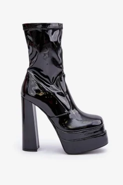 Lakierowane Botki Na Platformie I Wysokim Słupku Czarne Lotisha