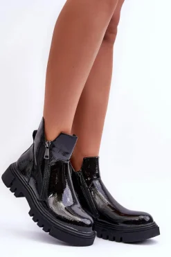Lakierowane Botki Na Platformie I Płaskim Obcasie Czarne Seah