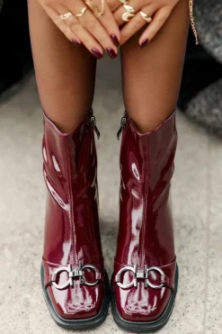 Lakierowane Botki Na Słupku Ocieplane Z Ozdobą D&A MR880-021 Bordowe