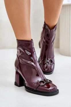 Lakierowane Botki Na Słupku Ocieplane Z Ozdobą D&A MR880-021 Bordowe