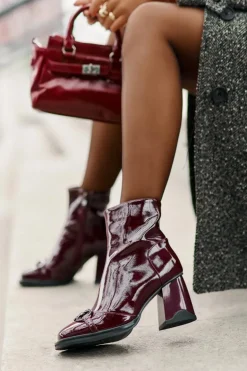 Lakierowane Botki Na Słupku Ocieplane Z Ozdobą D&A MR880-021 Bordowe