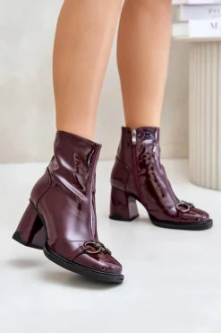 Lakierowane Botki Na Słupku Ocieplane Z Ozdobą D&A MR880-021 Bordowe
