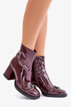 Lakierowane Botki Na Słupku Ocieplane Z Ozdobą D&A MR880-021 Bordowe