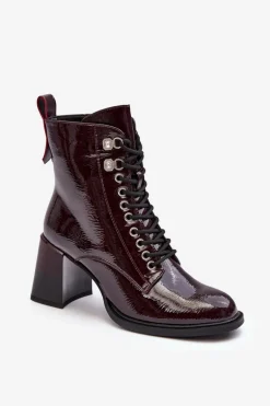 Lakierowane Botki Na Słupku Sznurowane Bordowe S.Barski MR870-06