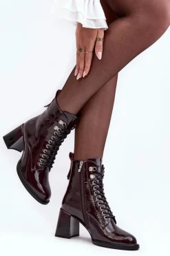 Lakierowane Botki Na Słupku Sznurowane Bordowe S.Barski MR870-06