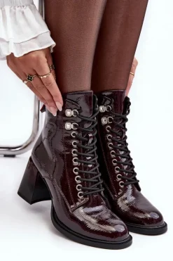 Lakierowane Botki Na Słupku Sznurowane Bordowe S.Barski MR870-06