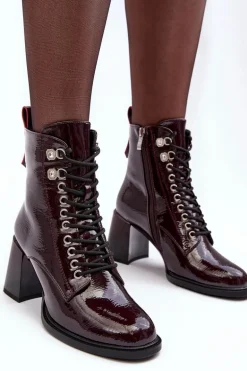 Lakierowane Botki Na Słupku Sznurowane Bordowe S.Barski MR870-06