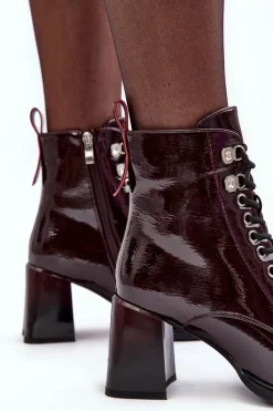 Lakierowane Botki Na Słupku Sznurowane Bordowe S.Barski MR870-06