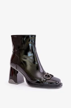 Lakierowane Botki Na Słupku Ocieplane Z Ozdobą D&A MR880-021 Czarne