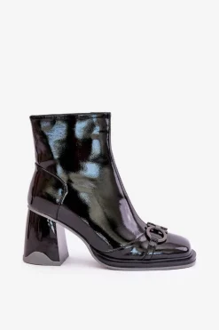 Lakierowane Botki Na Słupku Ocieplane Z Ozdobą D&A MR880-021 Czarne