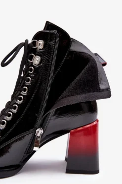 Lakierowane Botki Na Słupku Sznurowane D&A MR870-06 Czarne