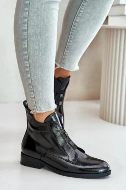 Lakierowane Botki Na Zamek Ocieplane Płaski Obcas S.Barski HY42-717 Czarne