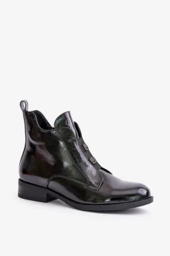 Lakierowane Botki Na Zamek Ocieplane Płaski Obcas S.Barski HY42-717 Czarne