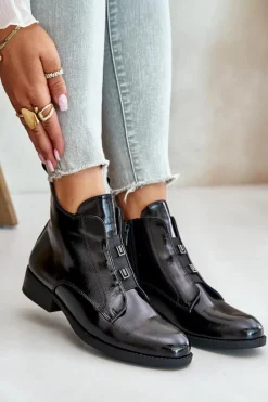 Lakierowane Botki Na Zamek Ocieplane Płaski Obcas S.Barski HY42-717 Czarne