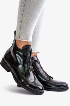 Lakierowane Botki Na Zamek Ocieplane Płaski Obcas S.Barski HY42-717 Czarne